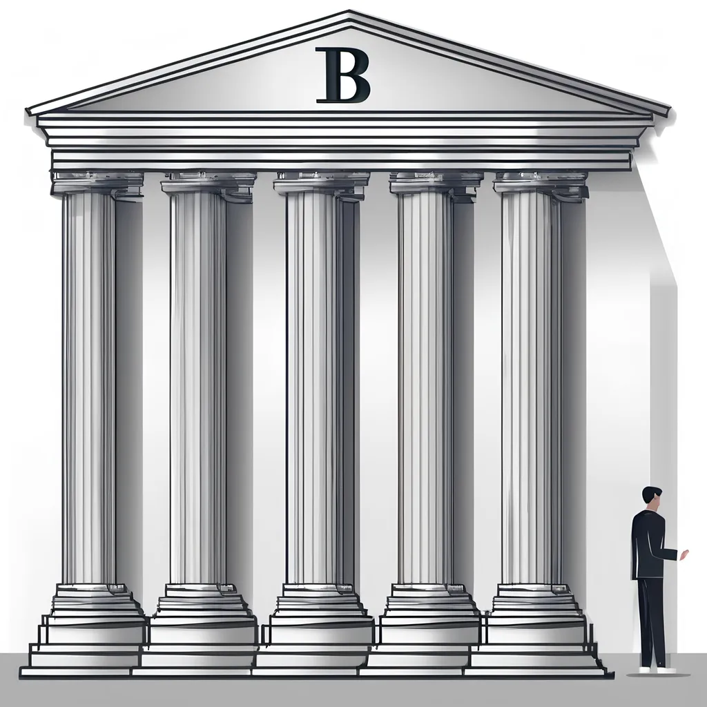 Prompt: Imagine a diagram of a bank standing on 5 Pillars 

Pillar 1 has “Algorithm” written on it 
Pillar 2: Verification 
Pillar 3: Engagement 
Pillar 4: Collections 
Pillar 5: Recovery