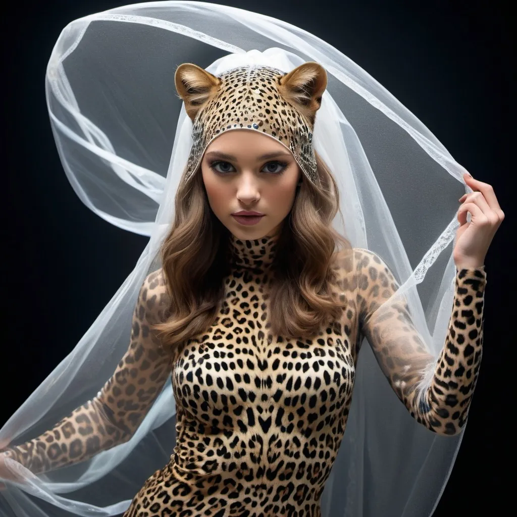 Prompt: leopard hologram Wear a veil and leaping 