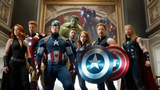 Prompt: the avengers team is posing for a photo in a scene from the movie avengers 2, which is being released on blu, Doc Hammer, assemblage, marvel comics, a renaissance painting