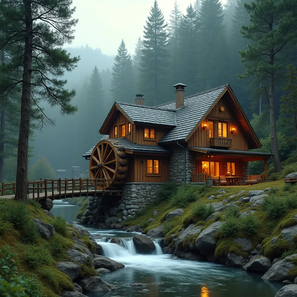 Prompt: A wooden modern small one floor watermill cafe built on a stone foundation, standing over a gently flowing through a low slope river with a large wooden water wheel turning. the water flows by the river touches to the wooden mill. the cafe is positioning on the right side of the image.The house is surrounded by a lush, dense forest of tall pine and fir trees, with soft green moss covering the ground and tree trunks. A wooden bridge with rustic railings crosses the stream, leading to a cobblestone pathway that winds through the forest, connecting to small wooden cabins nestled among the trees. The river reflects the golden glow of the warmly lit windows of the house, and small waterfalls cascade down the rocky low slope landscape, adding to the serene and magical atmosphere. The scene is highly detailed, ultra-realistic,, captured in soft, natural lighting with a peaceful ambiance