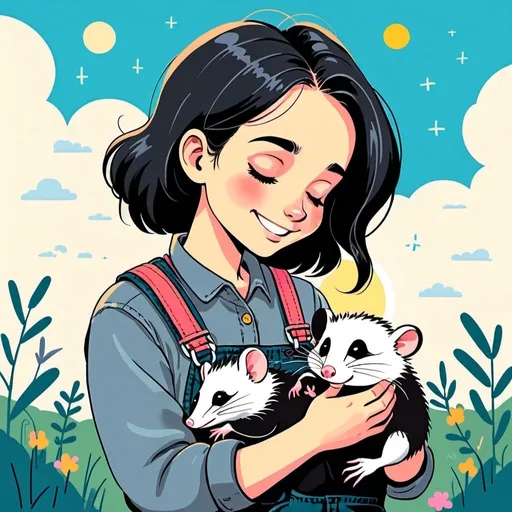 Prompt: 2d flat art, a girl in black overalls, her hands are hidden behind her, she is smiling down, looking at one, small, sleeping opossum, put the opossum in the pocket, vector art, cloudy day, cover art, bright colors, cute illustration, 