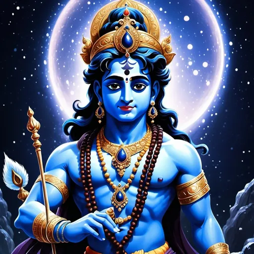 Prompt: Disney style Shree Krishna in his eternal form in the serenity of multiverse, bluish colors, dark, calm yet intimidating, ultimate form of the lord, dark background