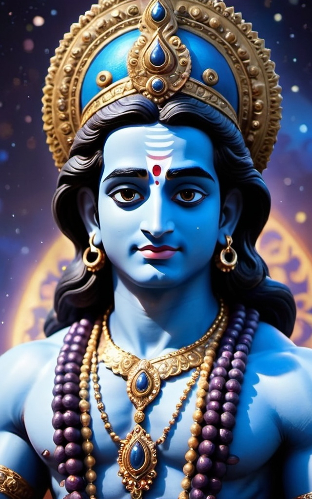 Prompt: Disney style Shree Krishna in his eternal form in the serenity of multiverse, bluish colors, dark, calm yet intimidating, ultimate form of the lord