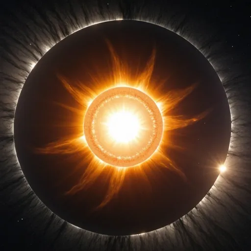 Prompt: create a 4k picture of the sun with many rings of dust around it in empty space