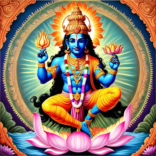 Prompt: Here’s an English description you can use as a prompt to generate an image of Lord Vishnu with many colors:

"Create an image of Lord Vishnu, the Hindu god, depicted in a vibrant, multicolored style. Vishnu should be shown with his traditional attributes: holding a conch, discus, lotus, and mace, with his four arms extended. His skin should be a radiant blue, surrounded by bright, diverse colors like gold, red, green, and purple to symbolize his divine and multifaceted nature. The background should be filled with intricate patterns and spiritual symbols, creating an aura of divinity and peace."

This description should work for creating an artistic or abstract representation of Vishnu filled with colors.