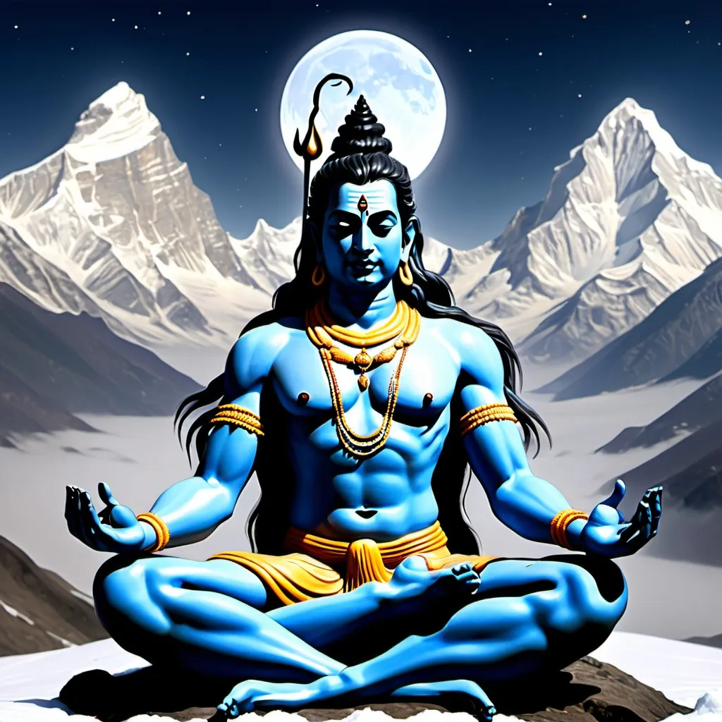 Prompt: Here is a detailed prompt to create an image of Lord Shiva meditating:

"Create an image of Lord Shiva in deep meditation, seated in the lotus position atop a snow-covered Himalayan peak. His body is calm and serene, with ash smeared across his blue skin. He has long matted hair tied into a topknot with the crescent moon shining above. A snake coils around his neck, and the Ganga river flows from his hair. His eyes are half-closed in a peaceful, contemplative expression. A glowing trident (trishul) stands beside him, and a damaru (drum) hangs from it. The background features the soft golden glow of the rising sun, with clouds and mist enveloping the scene, adding to the mystical atmosphere."