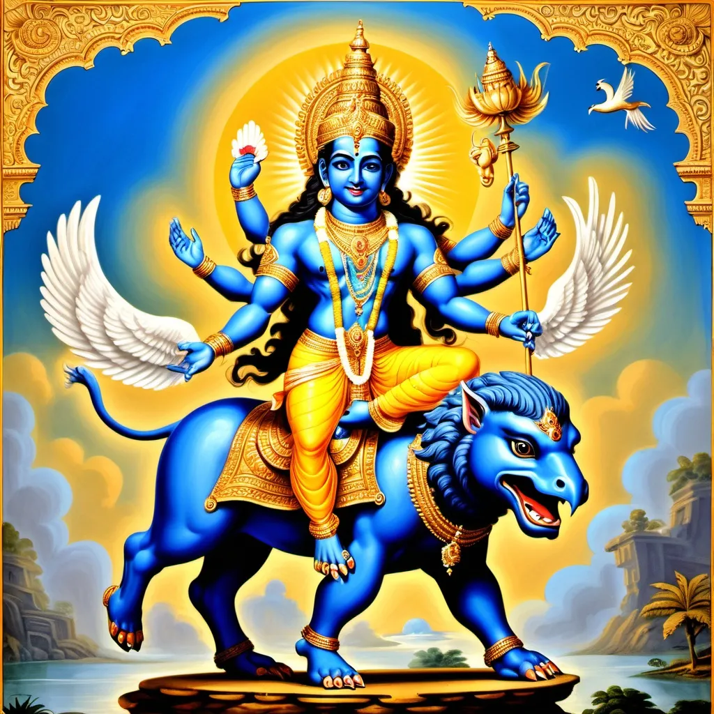 Prompt: Here’s a detailed prompt in English for generating an image of Lord Vishnu on Garuda:

"Lord Vishnu is depicted riding on the mighty Garuda, his divine eagle mount. Vishnu has a serene expression, with a blue complexion, adorned in traditional golden jewelry and a resplendent yellow dhoti. He holds his four signature symbols in his hands: the conch, discus, mace, and lotus. His crown glows brightly, symbolizing his divinity. Garuda is portrayed with large, outstretched wings, golden feathers, and sharp, eagle-like features, soaring through the sky. The background features a radiant sky, filled with soft clouds and a golden aura, symbolizing the divine power and grace of the scene."

You can use this script to visualize the scene in detail.