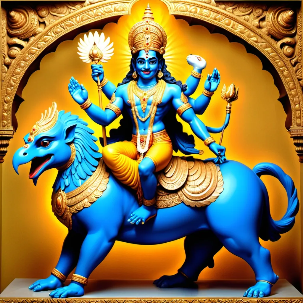 Prompt: Here’s a detailed prompt in English for generating an image of Lord Vishnu on Garuda:

"Lord Vishnu is depicted riding on the mighty Garuda, his divine eagle mount. Vishnu has a serene expression, with a blue complexion, adorned in traditional golden jewelry and a resplendent yellow dhoti. He holds his four signature symbols in his hands: the conch, discus, mace, and lotus. His crown glows brightly, symbolizing his divinity. Garuda is portrayed with large, outstretched wings, golden feathers, and sharp, eagle-like features, soaring through the sky. The background features a radiant sky, filled with soft clouds and a golden aura, symbolizing the divine power and grace of the scene."

You can use this script to visualize the scene in detail.