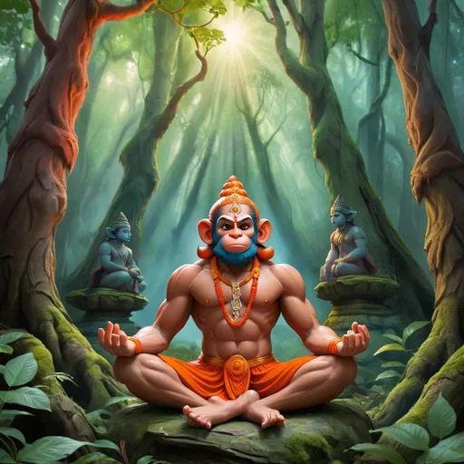 Prompt: Hanuman meditating in a  a mystical forest