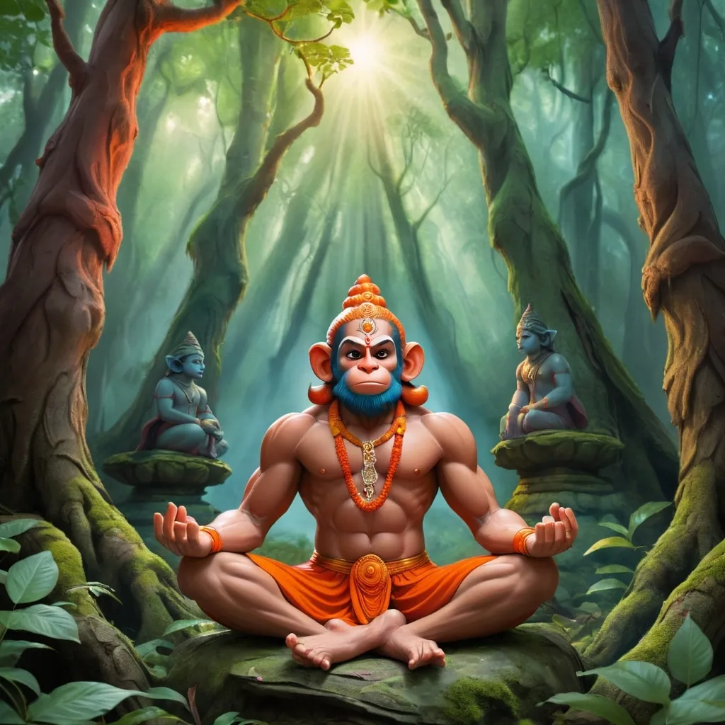 Prompt: Hanuman meditating in a  a mystical forest