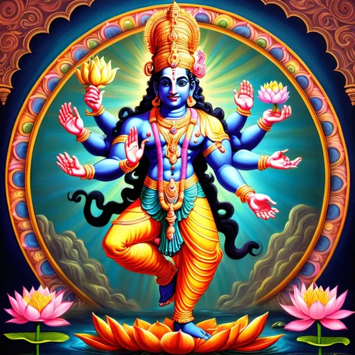 Prompt: Here’s an English description you can use as a prompt to generate an image of Lord Vishnu with many colors:

"Create an image of Lord Vishnu, the Hindu god, depicted in a vibrant, multicolored style. Vishnu should be shown with his traditional attributes: holding a conch, discus, lotus, and mace, with his four arms extended. His skin should be a radiant blue, surrounded by bright, diverse colors like gold, red, green, and purple to symbolize his divine and multifaceted nature. The background should be filled with intricate patterns and spiritual symbols, creating an aura of divinity and peace."

This description should work for creating an artistic or abstract representation of Vishnu filled with colors.