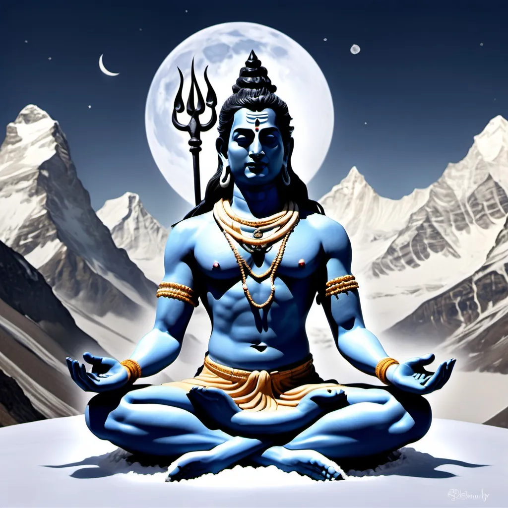 Prompt: Here is a detailed prompt to create an image of Lord Shiva meditating:

"Create an image of Lord Shiva in deep meditation, seated in the lotus position atop a snow-covered Himalayan peak. His body is calm and serene, with ash smeared across his blue skin. He has long matted hair tied into a topknot with the crescent moon shining above. A snake coils around his neck, and the Ganga river flows from his hair. His eyes are half-closed in a peaceful, contemplative expression. A glowing trident (trishul) stands beside him, and a damaru (drum) hangs from it. The background features the soft golden glow of the rising sun, with clouds and mist enveloping the scene, adding to the mystical atmosphere."