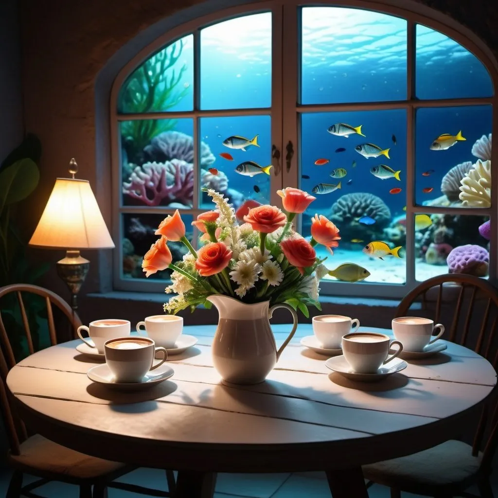 Prompt: High quality, 8K Ultra HD. We are in the Garden Batyskafa table with a white coffee jug and cups full of coffee bouquet of flowers through the window we see a coral reef and a nureka floating with a pad of fish. The overall aura of magic that surrounds her, the subtle play of light and shadow suggests a calm atmosphere, amazing full color, very detailed composition, high contrast, high contrast. Night Lighting from the BATYSKAF headlight. author of Yolan