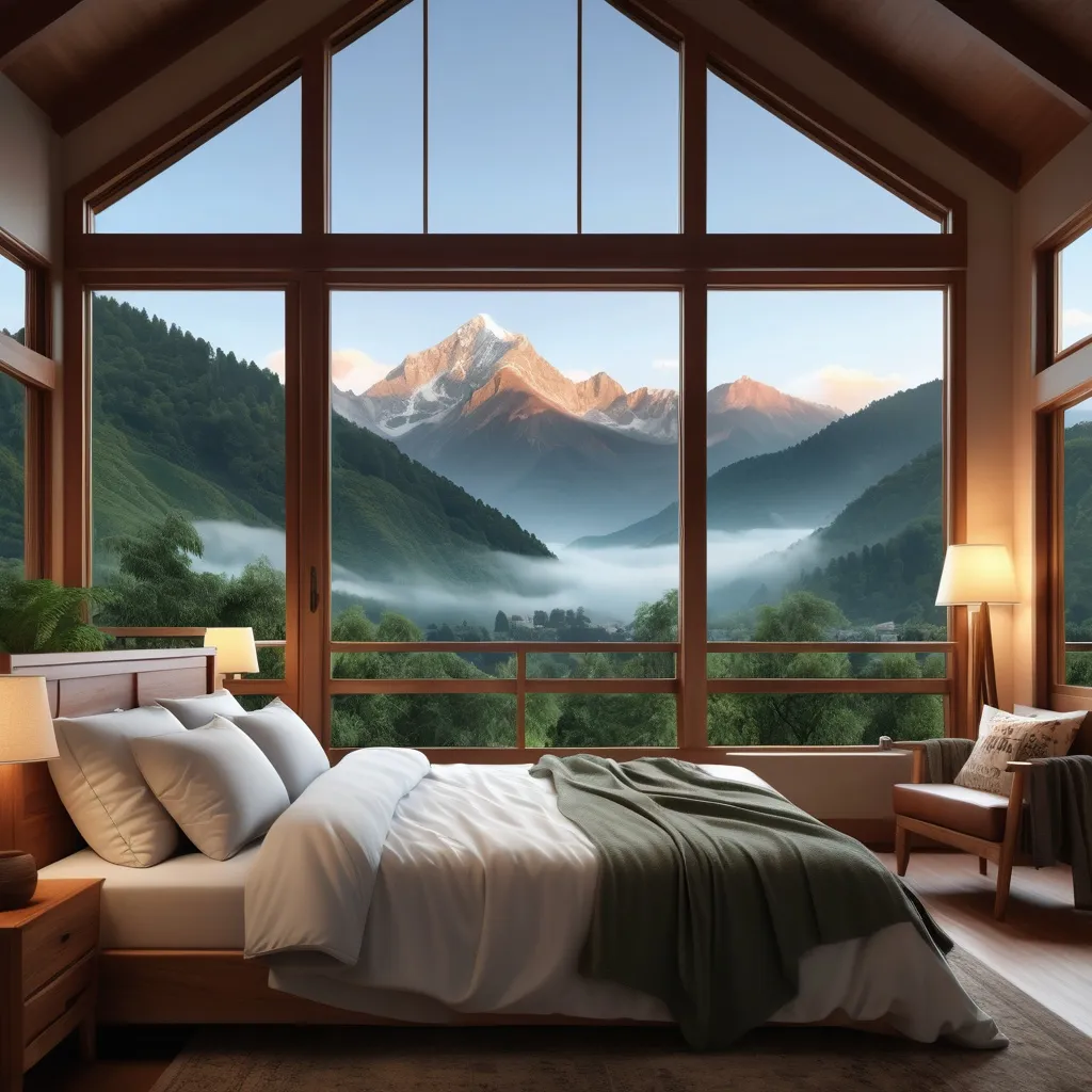 Prompt: A photorealistic scene of a cozy bedroom with a large window showcasing a stunning mountain view. The room features a warm and inviting atmosphere, with soft lighting, a comfortable bed covered in plush pillows and blankets, and wooden furniture. Outside the window, majestic mountains rise against a clear sky, with lush greenery and misty peaks creating a breathtaking natural backdrop. The room has an aesthetic charm, blending rustic and modern elements to exude peace and tranquility. The frame should showcase majority of window mountain view and very less bedroom view with large window