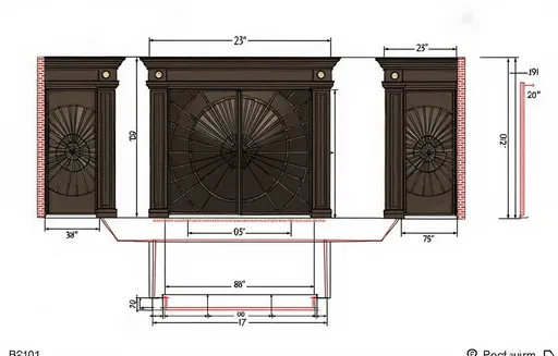 Prompt: A detailed architectural drawing depicts a grand double door design, elegantly framed by ornate columns on either side. The doors feature intricate metalwork with a radiating design, suggesting a sense of grandeur and sophistication. The drawing includes precise dimensions and annotations, indicating a careful approach to construction. Each side shows symmetry, with identical decorative elements flanking the central doors, while measurements provide insight into their scale and positioning. The overall style evokes a classical aesthetic, characterized by robust materials and elaborate finishes, suggesting a significant entry point to a luxurious or important space.
