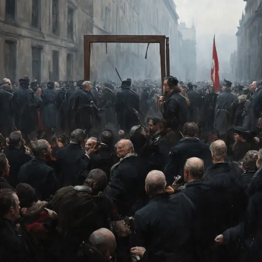 Prompt: Generate a hyperrealistic, 16k HDR image portraying the grim reality of the Reign of Terror during the French Revolution. Set the scene in a public square with the guillotine prominently displayed, surrounded by a somber crowd. Show Robespierre and other revolutionary leaders observing the executions, their expressions resolute and unwavering. Capture the fear and despair of the condemned, as well as the mixed emotions of the onlookers—some horrified, others supportive. The atmosphere should be dark and oppressive, emphasizing the ruthless quest to purge enemies of the revolution."