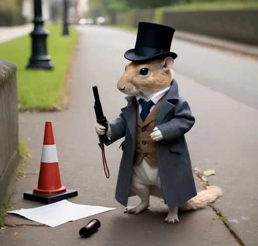 Prompt: Squirrel dressed as Sherlock Holmes investigating a crime scene