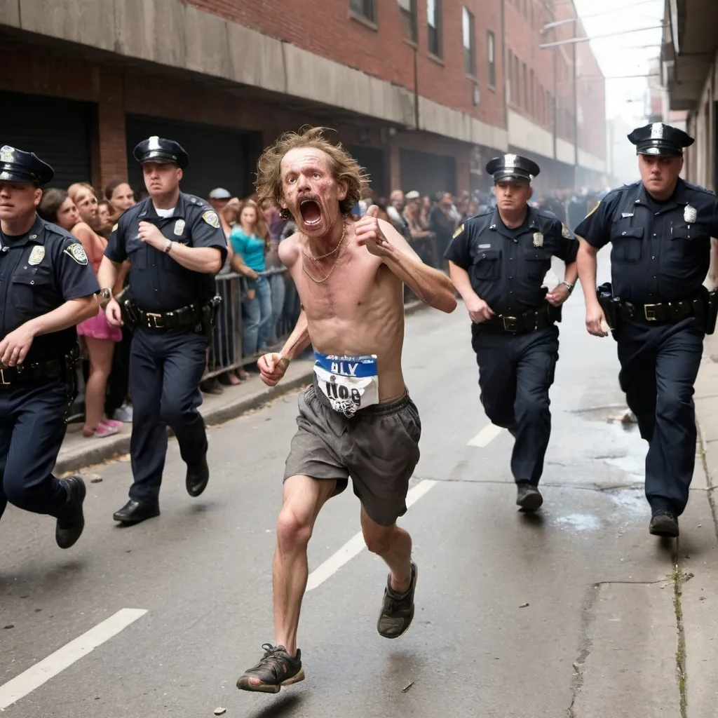 Prompt: 4 crackhead drug user doing a marathon called the crackhead race. The race took place in an alley with al lot of garbage. The crackhead should look very poor and drugged. One of them have a crack pipe in is mouth. They are cheer by a crowd of police officer. At least 3 crackhead compete for the final lap. one of the crackhead look like he have a broken feet.