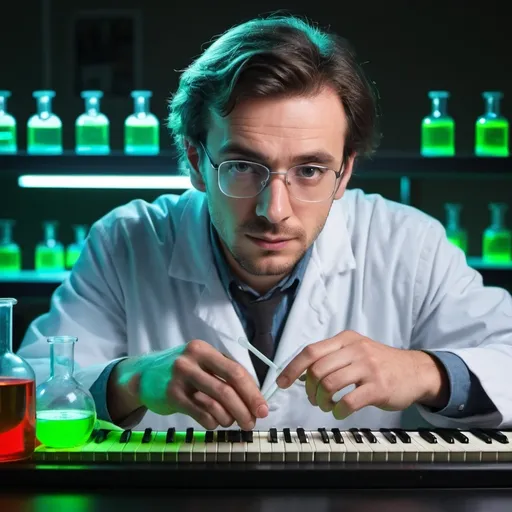 Prompt: The face of a handsome chemist composing a piano song in a chemistry lab with fluorescent vials. the chemist is looking straight at the viewer