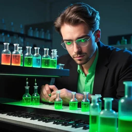 Prompt: The inspired face of a handsome chemist composing a piano song in a chemistry lab with fluorescent vials