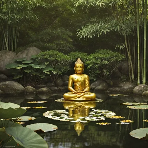 Prompt: Imagine a serene scene featuring a tranquil Buddha sitting in a lush, verdant garden, surrounded by gently swaying bamboo. The air is thick with the scent of jasmine, and soft rays of golden sunlight filter through the leaves, casting dappled shadows on the stone path beneath. The Buddha is depicted in a meditative pose, eyes gently closed, with a tranquil smile that radiates calmness and wisdom. Delicate lotus flowers float on a nearby pond, their petals shimmering in the light. A gentle breeze sends ripples across the water's surface, enhancing the peaceful ambiance. This image could be rendered in dreamy watercolor illustration, evoking a sense of mindfulness and inner peace.