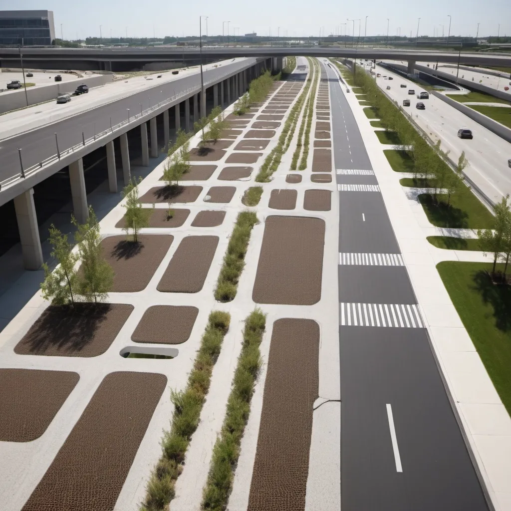 Prompt: Show permeable pavement, infiltration trenches and bioretention systems on a  major tollway constrained by development in an urban area.