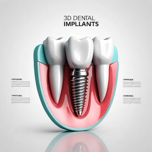 Prompt: (3D dental implants), vibrant poster, modern style, sleek design, catchy layout, white background, minimal distractions, highlighting the implants, ultra-detailed textures, high contrast, professional presentation, appealing for educational purposes, informative elements subtly incorporated, eye-catching visual effect, engaging and clear text areas for information.