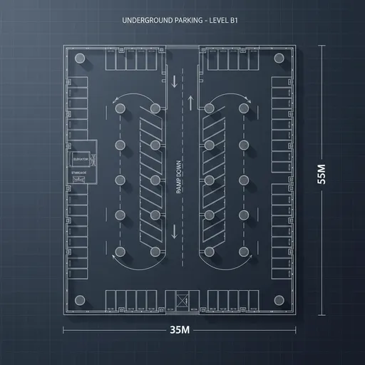 Prompt: A detailed CAD drawing of a underground parking  floor plan. with elavator , stairs , elvation, coloumn sizes , etc. dimentions also imput
35m x 55m meters . all have dementions make it big font
