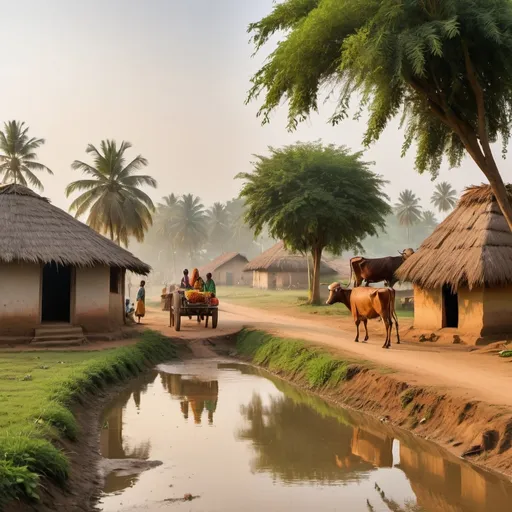 Prompt: 

"A serene Indian village scene during early morning. The village is surrounded by lush green fields and tall palm trees, with traditional mud houses having thatched roofs. A narrow dirt path runs through the village, with a few cows grazing nearby. Villagers, dressed in colorful traditional attire, are engaged in their daily activities—some are drawing water from a well, while others are sitting outside their homes, preparing food. A bullock cart is seen in the background, and children are playing near a small pond. The sky is clear with soft morning sunlight bathing the scene in a warm, golden glow."

This prompt should help generate a detailed and vibrant image of an Indian village.