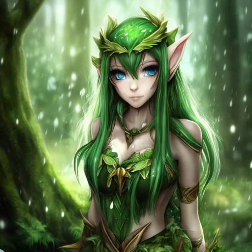 Prompt: cute anime druid elf in forest raining