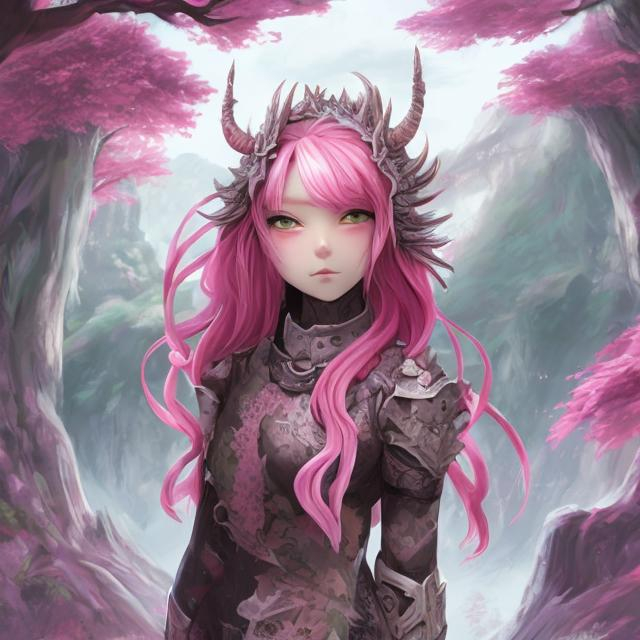 Prompt: pink hair girl dragon 
forest