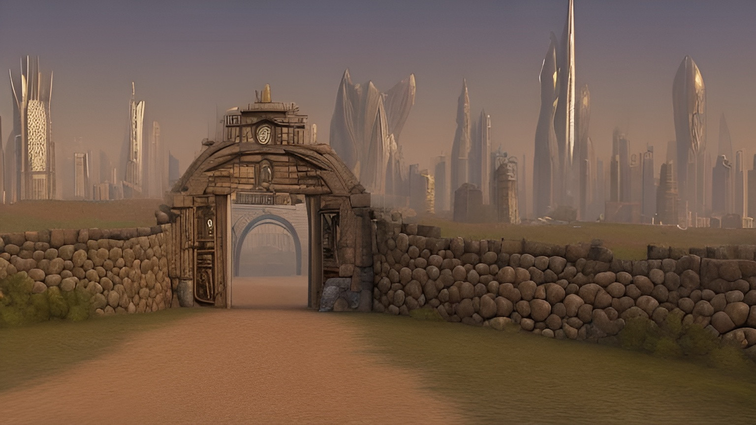 Prompt: Creat a gate entering to the city of   metropolis in the background