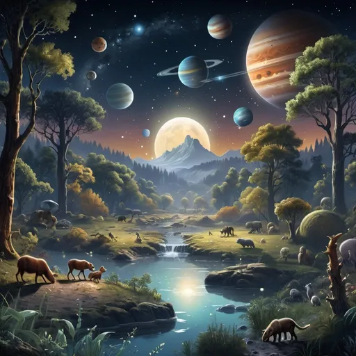 Prompt: a scientific landscape, with multiple planets in the background of various sizes. the foreground has trees, streams, and animals playing in the forest below. a starey-night time scene.