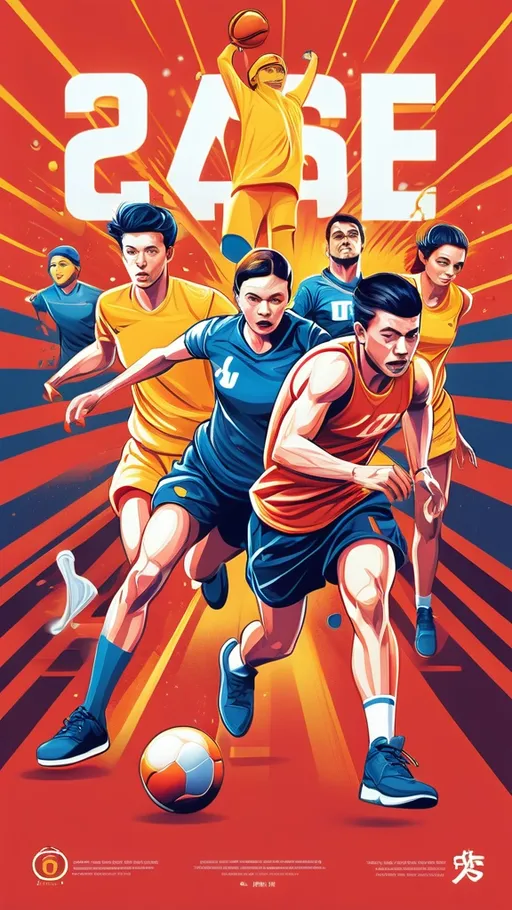 Prompt: Sports poster design centered on sports events, multiple people, dribbling, sports atmosphere, exaggerated perspective, centered on the style of James Jean and Natalia Rak, blue and yellow colors, vector illustration, masterpiece, high quality, 8K, wallpaper, --ar 23:10 --niji 6