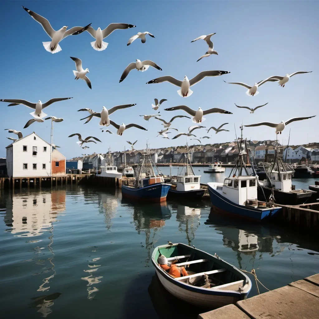 Prompt: In a quiet coastal town, seagulls circle above the docks as fishermen unload their daily catch, the salty sea breeze rustling their sails.