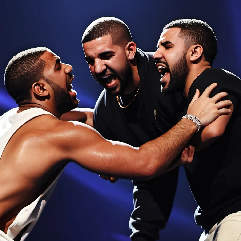 Prompt: Image image of Drake getting beat up by Kendrick Lamar