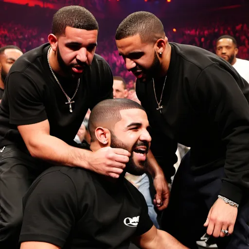 Prompt: Image image of Drake getting beat up by Kendrick Lamar