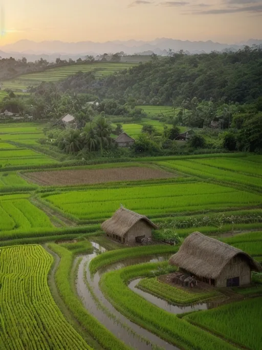 Prompt: The image depicts a serene rural landscape, characterized by lush green fields and traditional thatched-roof houses. In the foreground, several individuals are engaged in rice planting activities, bent over with farming tools. The surrounding area features a network of winding paths bordered by vibrant greenery and flowering plants. Tall palm trees and other vegetation punctuate the scene, creating a peaceful, agricultural ambiance. The sky hints at dawn or dusk, casting a soft, warm glow over the entire setting, emphasizing a connection to nature and the simplicity of rural life.