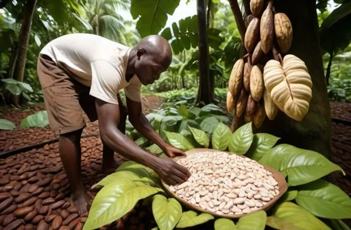 Prompt: Fermentation process under big leaves.  white, raw cocoa bean
