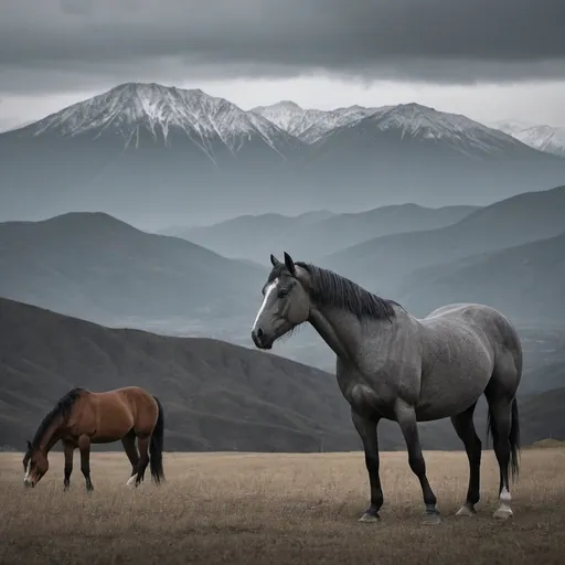 Prompt: horse foreground mountains background dark grey sky