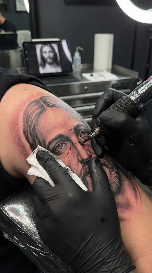 Prompt: “A hyper-realistic, cinematic 15-second video of a professional tattoo artist tattooing a detailed black and grey Jesus Christ portrait on a client’s upper arm inside a clean, modern tattoo studio. The video begins with an extreme macro close-up of the tattoo needle shading soft gradients around Jesus’ eyes and face, capturing realistic skin texture, pores, and subtle redness. Black and grey ink blends smoothly, creating lifelike depth, contrast, and realism. The artist wears black nitrile gloves, and the tattoo machine vibrates naturally as ink is deposited into the skin. Light ink residue is wiped away with a paper towel, revealing refined shading and crisp realism details.

At the 10-second mark, the camera slowly pulls back and zooms out, transitioning into a medium and then wide shot, revealing the fully completed, breathtaking black and grey Jesus portrait tattoo, highly detailed, smooth shading, realistic facial expression, and soft highlights. Studio lighting casts cinematic shadows, shallow depth of field, photorealistic skin physics, 4K ultra-high resolution, realistic needle penetration, natural handheld camera movement, cinematic color grading, no CGI artifacts, no blur.”