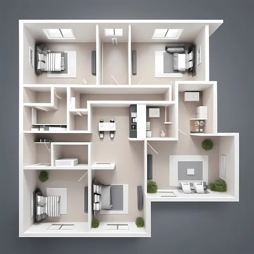 Prompt: Duplex building floorplan, 3D vector illustrations, high quality, detailed layout, modern design, professional style, minimalistic, precise lines, clean and crisp, organized space, neutral color palette, top-notch, well-crafted, artistic floorplan, spacious layout, accurate representation, high-res, polished, architectural, detailed home, clear and precise, professional vector illustration, organized and efficient, minimalistic design with sun roof