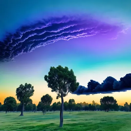 Prompt: lots of blue and purple clouds in a shape of trees