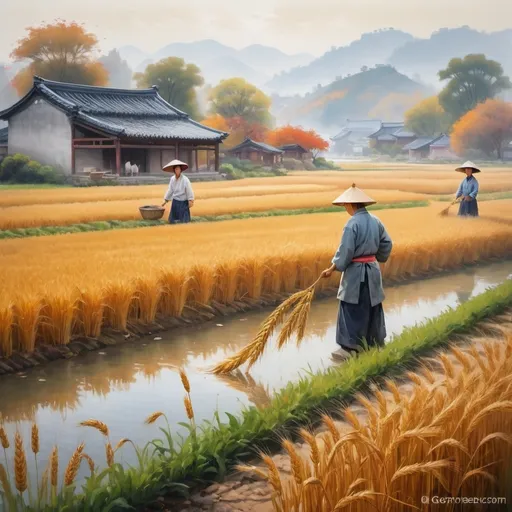 Prompt: Creating a water painting depicting Fenggu Farm in early autumn, inspired by the description provided:Imagine a watercolor scene capturing the essence of Fenggu Farm on a serene autumn morning. The painting unfolds with soft, muted hues and gentle brushstrokes to convey tranquility and productivity.In the background, the misty morning light filters through the air, casting delicate shadows on the expansive fields of ripe wheat. The fields are arranged in the shape of the Chinese character "丰," symbolizing abundance and prosperity. The tiled roofs and wooden beams of traditional houses dot the landscape, nestled alongside winding canals shaped like the character "丰."Farmers, dressed in traditional attire, are depicted harvesting wheat with care and diligence. Their figures blend harmoniously with the natural surroundings, reflecting the deep connection between humans and the land. Nearby, children playfully chase ducks and geese that swim gracefully in the canals, adding a touch of liveliness to the tranquil scene.In the foreground, vibrant seasonal flowers bloom profusely near stone steps that lead from the houses to the water's edge. These flowers add splashes of color to the otherwise muted palette, symbolizing the fleeting beauty of autumn.Overall, the painting captures the unique blend of tranquility and productivity characteristic of rural life at Fenggu Farm. It invites viewers to immerse themselves in the peaceful ambiance of an autumn morning, where nature and human activity coexist in perfect harmony.
