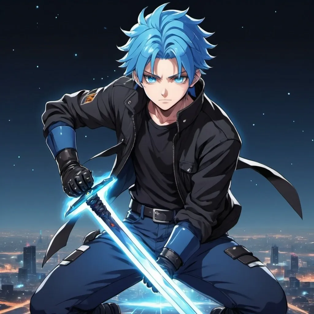 Prompt: he has blue hair he has black jacket wearing a blue shirt he has blue pant and black boots and gloves he has blue eyes anime sytle cosmic power holding a sword wearing resistors
\