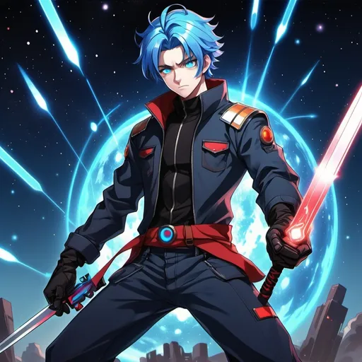 Prompt: he has blue hair he has black jacket wearing a blue shirt he has blue pant and black boots and gloves he has blue eyes  and he has black resistors and red scraf
anime sytle cosmic power holding a sword wearing resistors 