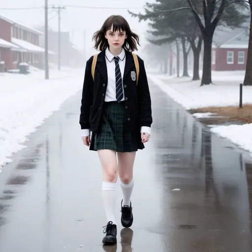 Lauren Mayberry as a brunette schoolgirl with cold b... | OpenArt