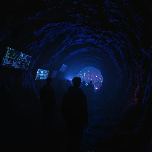 Prompt: necesito una imagen moderna y real del mito de la caverna en el siglo XXI hao mandas los algoritmos 