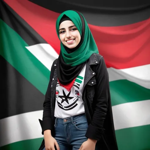 Prompt: Girl rocker with smile wear hijab stand background Palestine flag