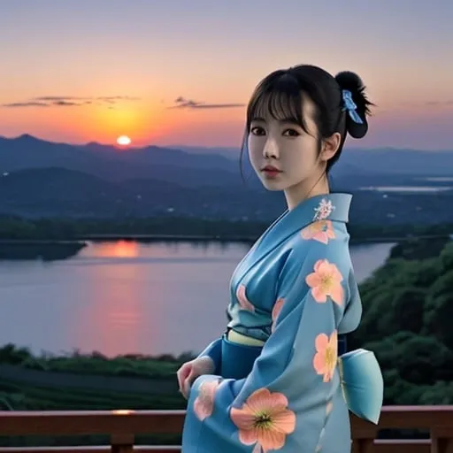 Prompt: Mariko-sama face with soft blue kimono at ajiro country view sunset vibes